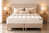 NORDIC premium upholstered boxspring bed with pocket spring base and matching beige headboard, available in XXL sizes up to 210