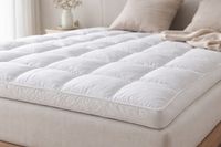 Luxury down mattress topper with quilted cotton cover on upholstered bed