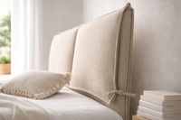 SIENA upholstered headboard in natural linen with soft piping detail, styled in a bright Mediterranean bedroom SIENA upholstered headboard in natural linen with soft piping detail, styled in a bright Mediterranean bedroom