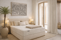 Upholstered storage bed with lift-up base in contemporary Mediterranean bedroom setting Upholstered storage bed with lift-up base in contemporary Mediterranean bedroom setting